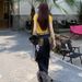 Sweet Cool Spicy Girl Set For Women Summer Rhinestone Slim Fit Yellow Letter T-Shirt + High Waist Plaid Patchwork Jeans_ecoleips.com