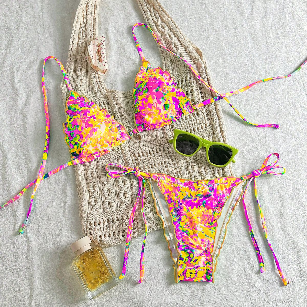 Women's Halter Neck Bathing Suit 2025 Beach Outfit With Colorful Ruffled Trim Swimwear_ecoleips.com