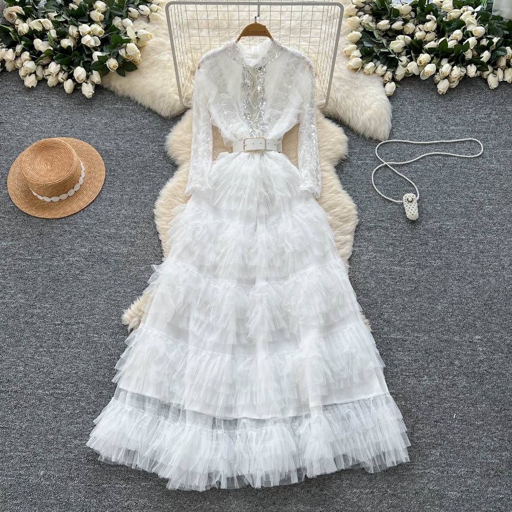 Women's Clothing Luxury French-Style Tulle Ball Gown – Embroidered Sequins & Beads, High Waist Elegant Long Dress (Beige/White/Black, M/L/XL/XXL)_ecoleips.com