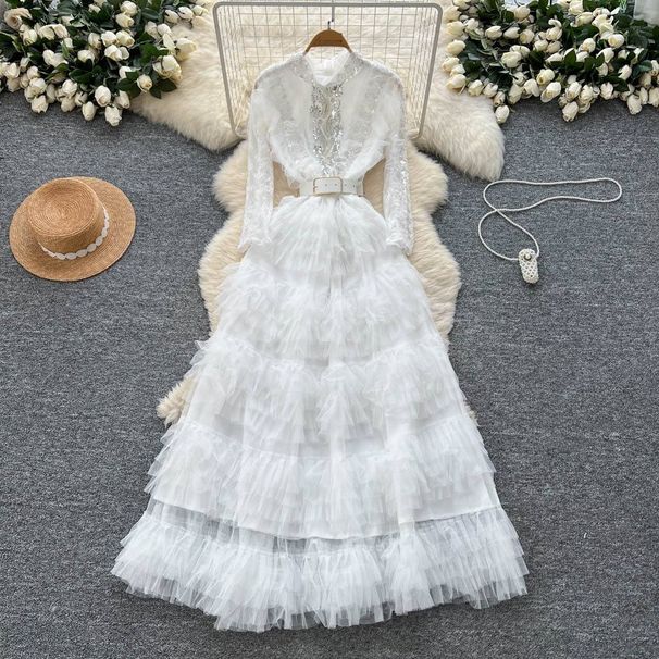 Women's Clothing Luxury French-Style Tulle Ball Gown – Embroidered Sequins & Beads, High Waist Elegant Long Dress (Beige/White/Black, M/L/XL/XXL)_ecoleips.com