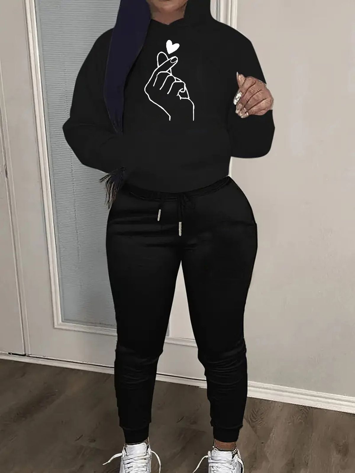 Women's Autumn And Winter Fashion Casual Heart Gesture Print Thick And Plush Warm Hooded Sweatshirt+sports Pants Set-782_ecoleips.com