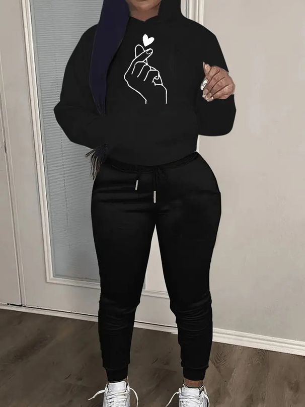 Women's Autumn And Winter Fashion Casual Heart Gesture Print Thick And Plush Warm Hooded Sweatshirt+sports Pants Set-782_ecoleips.com