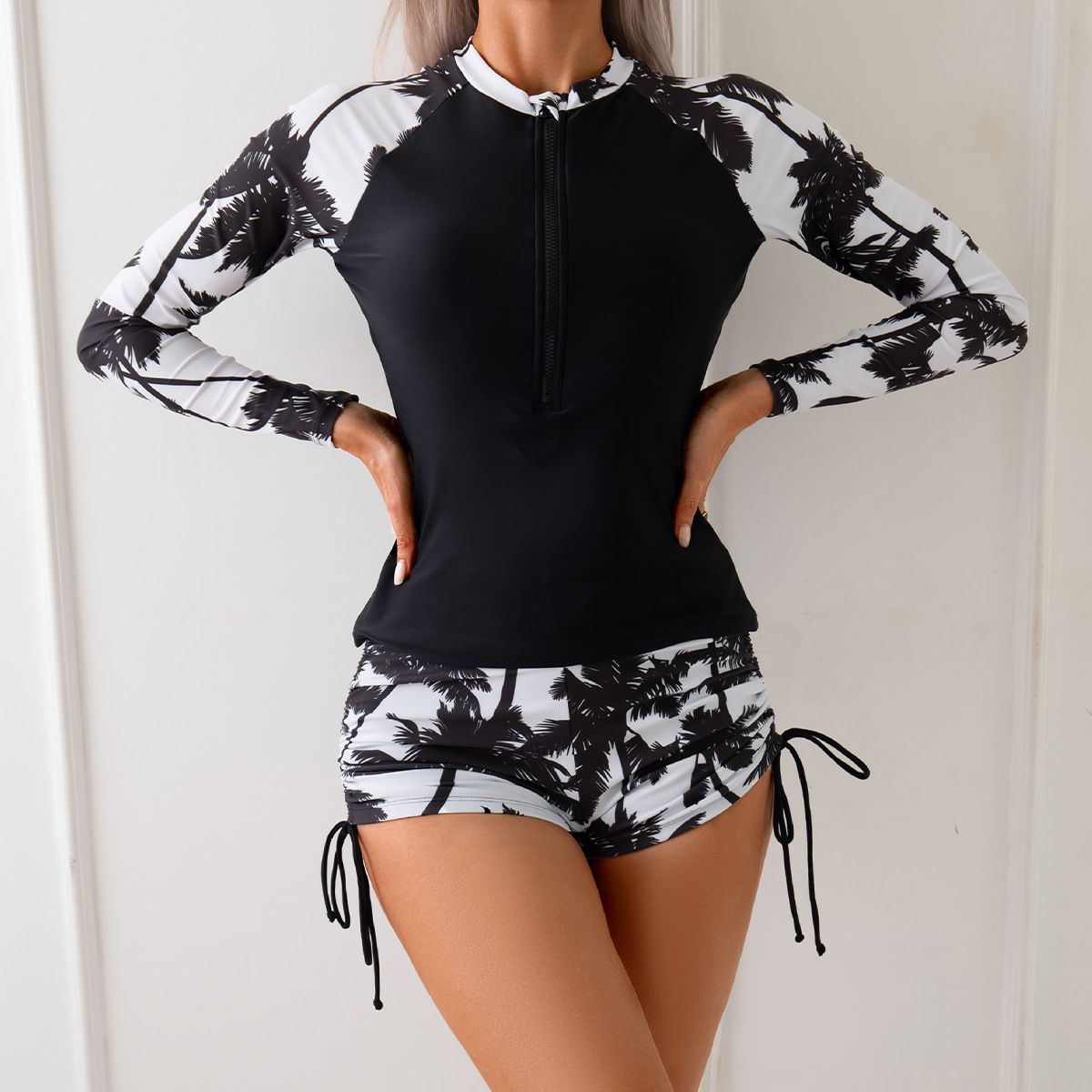 Women's Printed Patchwork Tankini Two Piece Swimsuit Set Long Sleeved Boxer Shorts Zipper Closure From Overseas Warehouse_ecoleips.com