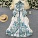 Elegant Retro Fashion Print Dress for Women Stand Collar Single Breasted with Tie Waist Full Skirt European And American Style_ecoleips.com