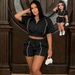 plus Size Striped Two-Piece Set Women's Casual Sporty Zip-Up Short Sleeve Jacket Drawstring Shorts Outfit Summer_ecoleips.com