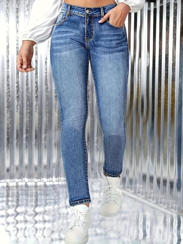 Women's Clothing Stretchy Skinny Jeans Fashionable Versatile Slimming Blue Denim Trousers Simple_ecoleips.com