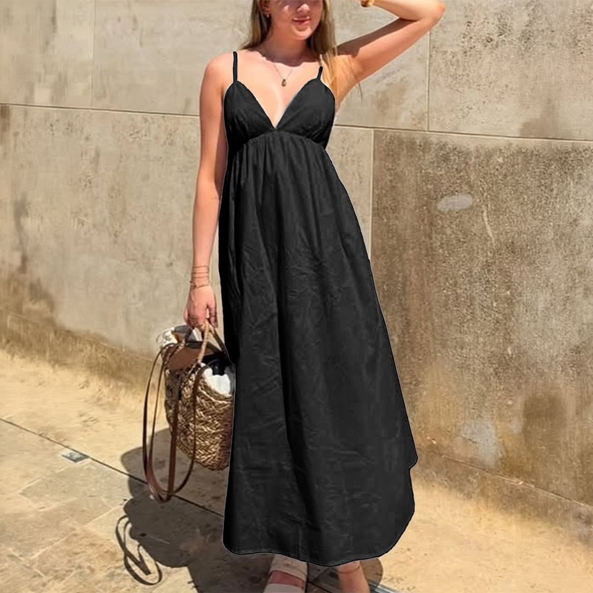 Women Holiday Casual Style Sleeveless Spaghetti Strap Deep V‑Neck High Waist Oversized Loose Dress Beach Summer Wear_ecoleips.com