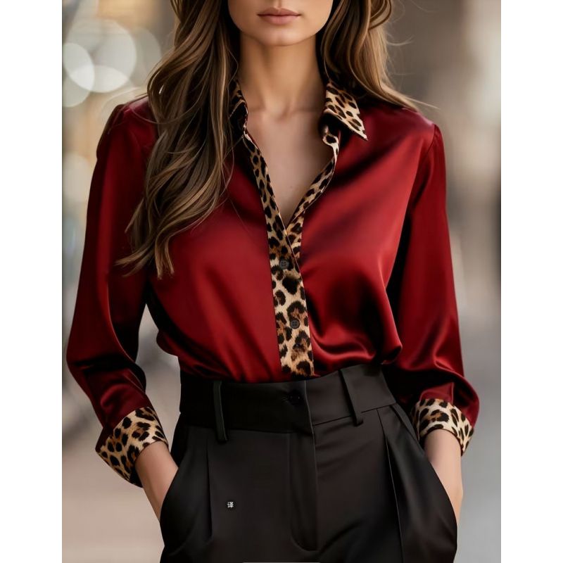 independent Site Cross-border New Spring And Autumn Slim-fit Long-sleeve Leopard Print Round-neck Satin Patchwork_ecoleips.com