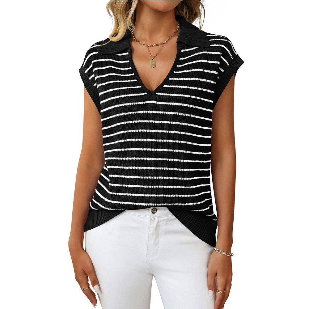 Breathable V-Neck Stripe Knit Top For Women, Lightweight Summer Sweater With Lapel Collar, Casual Chic Blouse_ecoleips.com