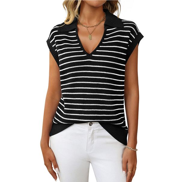 Breathable V-Neck Stripe Knit Top For Women, Lightweight Summer Sweater With Lapel Collar, Casual Chic Blouse_ecoleips.com