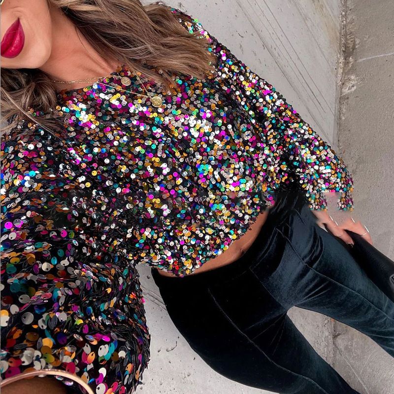 Women's Sequined Cardigan Jacket Long Sleeved Zip up Colorful Design for Parties European American Style Outerwear_ecoleips.com