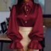 Elegant Women's Satin Shirt Long Sleeved Collared Puff Sleeve Solid Color New Arrival_ecoleips.com