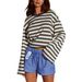 European And American Cross-border Casual Long-sleeve Striped T-shirt, New Knitted Color-blocked Round-neck Base_ecoleips.com