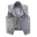 Women's Denim Vest With Lace And Beaded Embellishments – Short Sleeveless Jacket For Casual & Office Wear_ecoleips.com