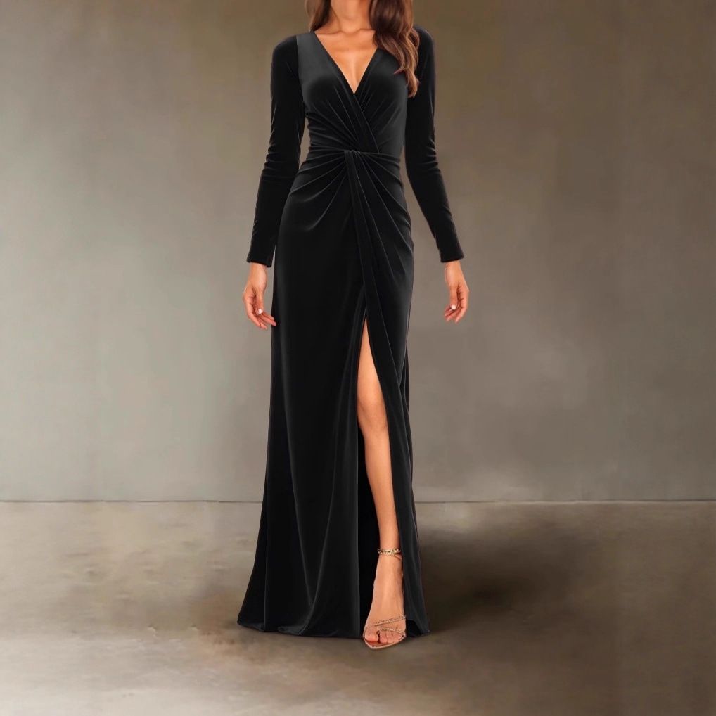Women’s V-Neck Bodycon Dress – Elegant Slit, Stretchy Knit Fabric (S-5XL, Polyester-Spandex Blend, Work-to-Party Versatility)_ecoleips.com