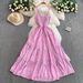 Korean Style Soft Pink Striped Suspender Dress for Women Summer Retro Design Elastic Waist Slimming Full Skirt_ecoleips.com