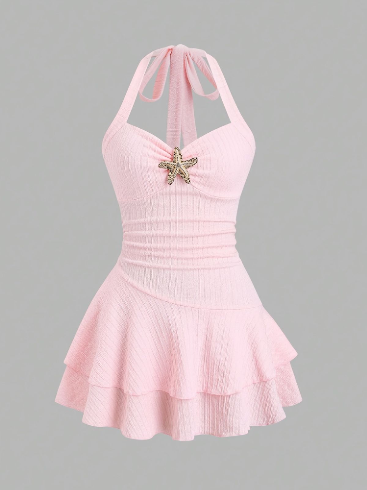 Cross-border Bestseller: Seaside Vacation Halter Neck Dress With Starfish Decoration, Pleated Waist-cinching Short_ecoleips.com