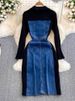 Women's Temperament Long Sleeve V-Neck Slim Denim Patchwork Dress Mid-Calf A-Line Hip Dress For Spring/Autumn Summer_ecoleips.com