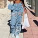 Women's Clothing Beggar Style Ripped Hole Raw Edge Splicing Jeans Design Straight Slim Trousers_ecoleips.com