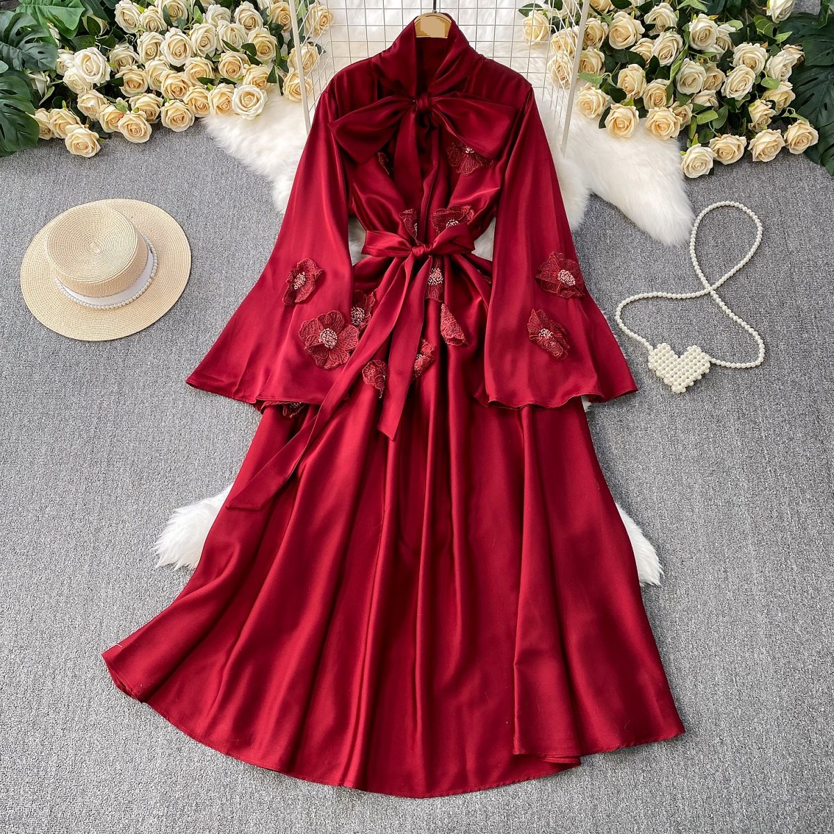Women's Clothing Three Dimensional Flower V Neck Trumpet Sleeve Dress For Women In Summer With Waist Tightening Satin Slim Long Skirt_ecoleips.com
