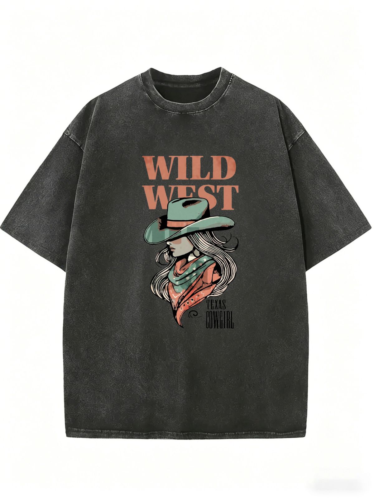 Wild West Texas Cowgirl Print, Vintage Western Style Women's T-shirt, Acid Washed Finish, Loose Fit, Perfect For Everyday Country Music Festival Wear._ecoleips.com