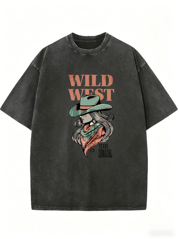 Wild West Texas Cowgirl Print, Vintage Western Style Women's T-shirt, Acid Washed Finish, Loose Fit, Perfect For Everyday Country Music Festival Wear._ecoleips.com