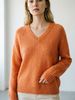 Orange Pit Rib Knit Sweater, Loose V Neck Lightweight Breathable Soft Skin-touch Wool Blend Pullover_ecoleips.com