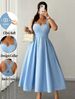 Curvy Solid Stretch Wrap Cami Midi Dress, Ruched Waist Back Bow Flowy Skirt For Valentine Party Beach Festival_ecoleips.com