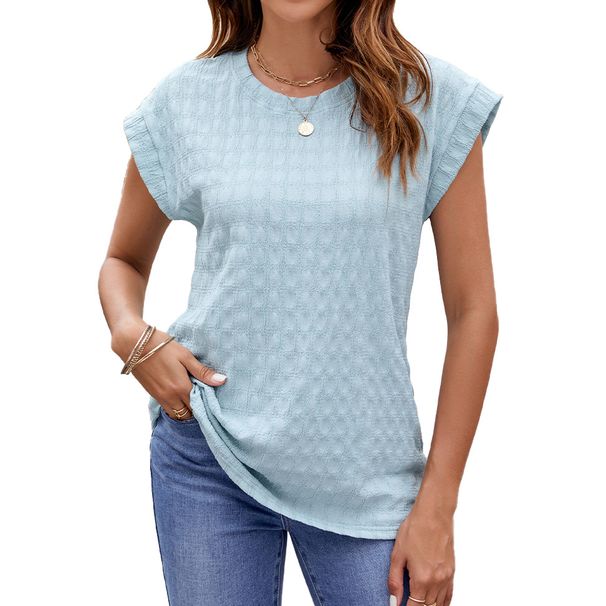 Women's Clothing Solid Color Jacquard Loose Round Neck Short Sleeved T Shirt Tops_ecoleips.com