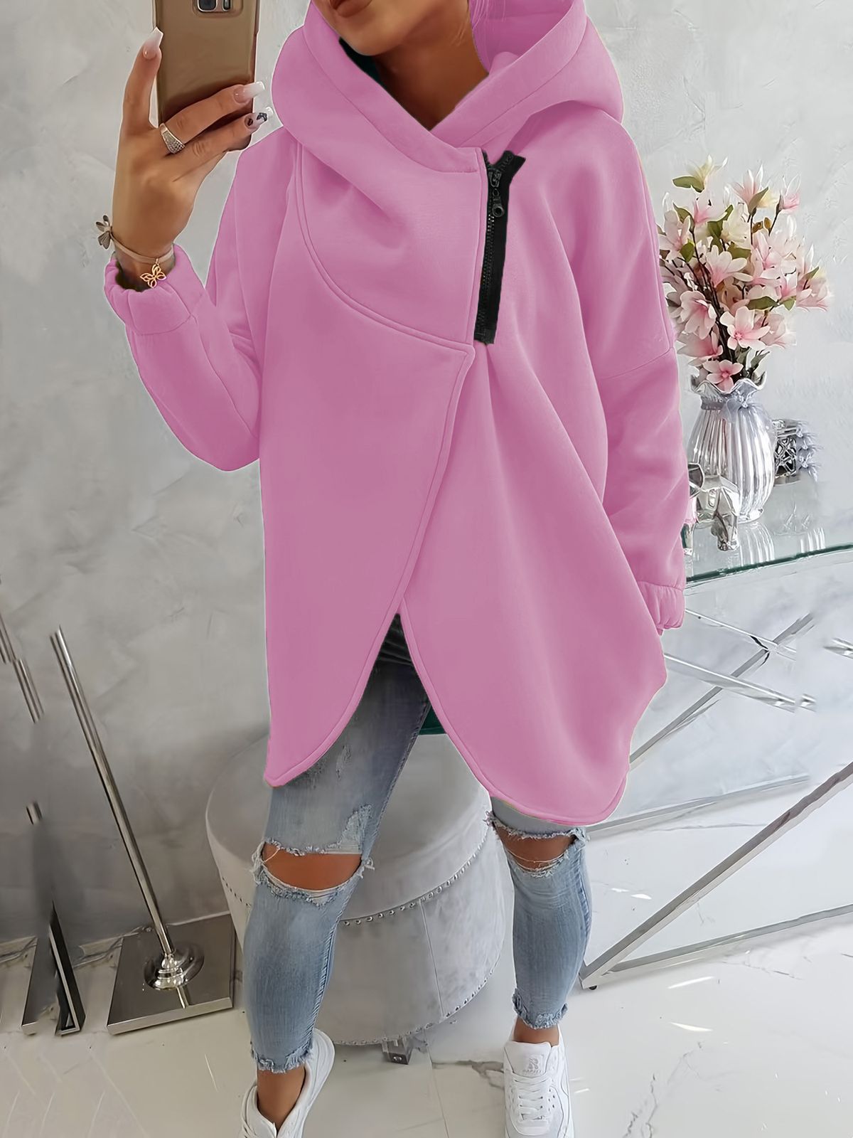 Women's Clothing Women's Long Sleeved Casual Black Hooded Jacket Sweatshirt With Front Pocket Zipper Hoodie_ecoleips.com