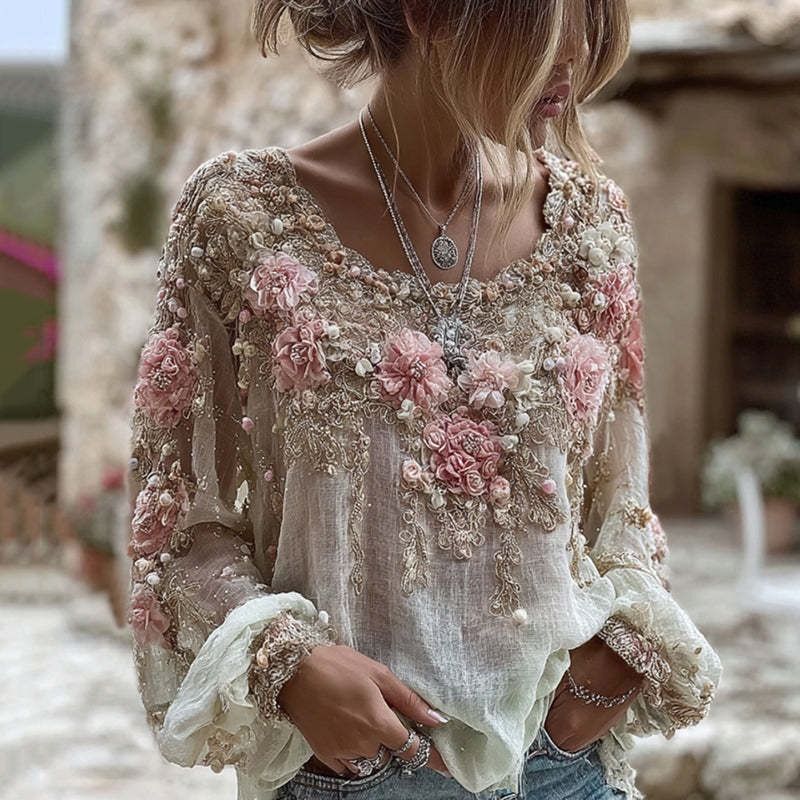 Women's 3D Printed round Neck Long Sleeve Retro Bohemian Top Hot Selling Cross Border New 2025_ecoleips.com
