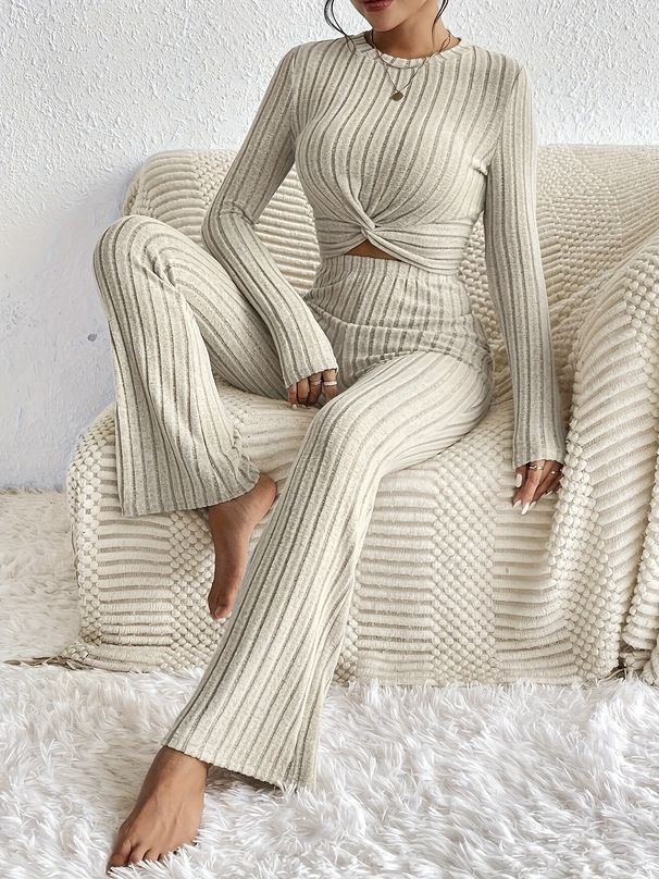 Casual Solid Two-Piece Set With Long Knotted Front Sleeves Cropped Top And Slim Pants Set_ecoleips.com