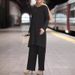 Muslim Fashion Women's Clothing Spring Autumn New Solid Color Sleeve Lace Placket Round Neck Top And Long Pants Set_ecoleips.com