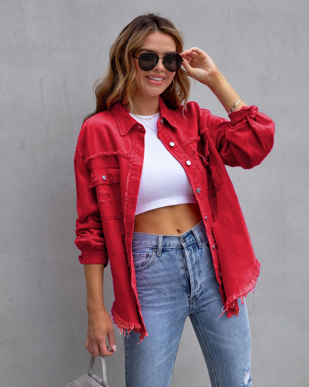 Distressed Denim Jacket Women's Fashion Vintage Streetwear Oversized Collar Coat Casual Loose Fit Long Sleeve_ecoleips.com