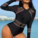 Women's Clothing Mesh Splicing Zipper Swimsuit Long Sleeves One Piece Swimsuit Surfing Suit_ecoleips.com