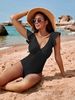 Plus Size V-Neck One Piece Swimsuit Slimming Sexy Triangle Bikini Short Sleeve Women Swimwear_ecoleips.com