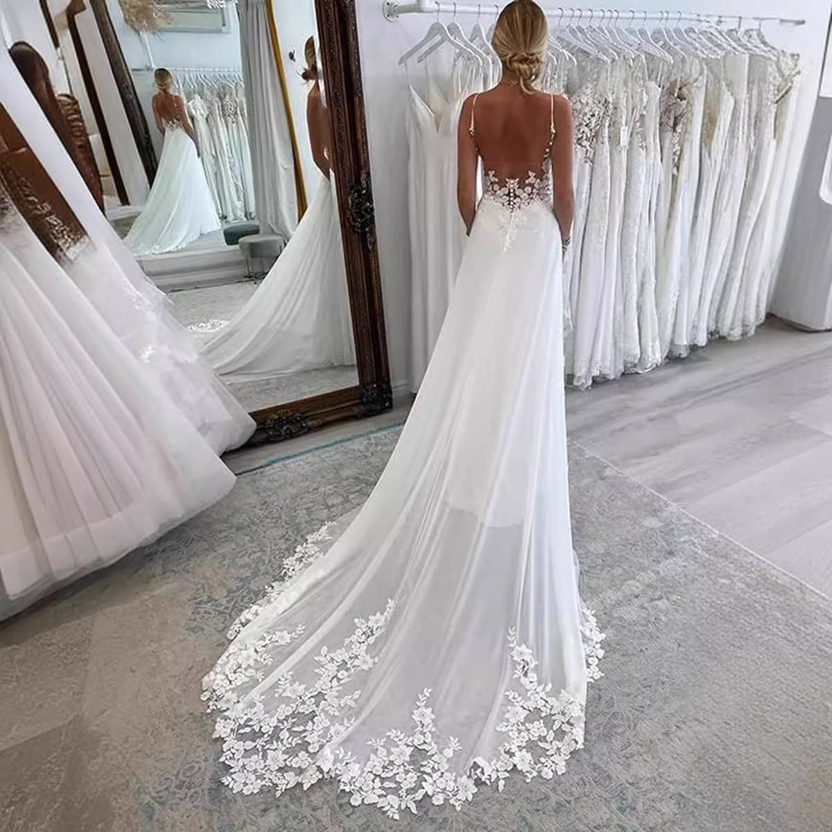 Women's Clothing Wedding Dress Forest Series Bride Simple Deep V Neck Large Backless Travel Photography Small Tail Soft Yarn Fishtail_ecoleips.com