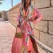 Women's V Neck Long Dress Printed Tie Waist Autumn Clothing Fashion_ecoleips.com