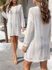 Vacation Style Mesh Knit Top, Loose Mid-length Hollow Out Bikini Cover Up, Summer Round Neck Drop Shoulder Vertical Stripes Outerwear_ecoleips.com