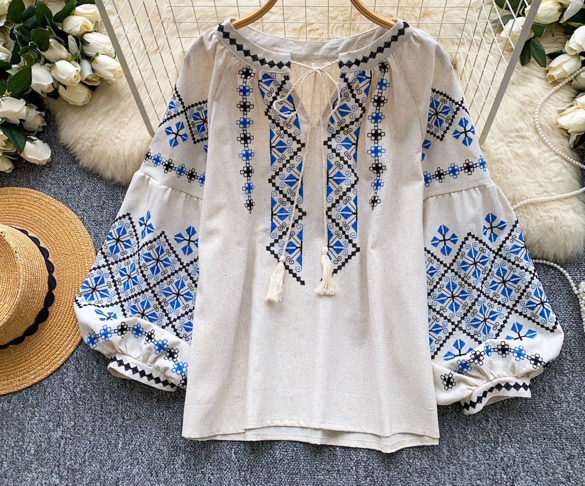 Women's Ethnic Style Embroidered Shirt Summer Long Sleeve Loose Fitting Tassel Tie Lantern Sleeve Heavy Duty Design Top For Commuting_ecoleips.com