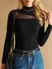Women Lightweight Breathable Ribbed Knit Sweater, Mock Neck Mesh Cutout Beaded Long Sleeve Slim Fit Elegant Daily Knitted Top_ecoleips.com