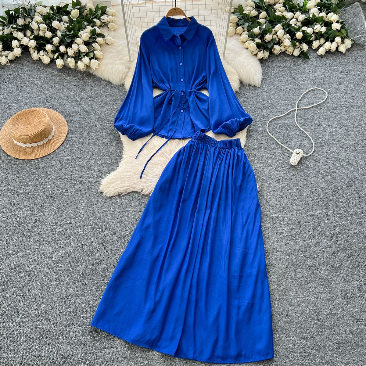 Elegant Women's Minimalist Solid Color Puff Sleeve Shirt Tie Front Slimming Midi Length Elastic Waist Spring Pant Set_ecoleips.com