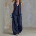 Women's Fashion Casual Solid Color Two Piece Set V Neck Gathered Loose Sleeveless Top with Casual Trousers European And American Style_ecoleips.com