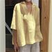 Women's Clothing Spring And Summer V Neck Cotton And Linen Solid Color Large Size Loose Mid Sleeve Women's Shirt_ecoleips.com