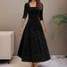 Women's Clothing Elegant Solid Color Jacquard Long Sleeve Square Neck Dress Fashion Plus Size Loose Fit Gold Velvet_ecoleips.com