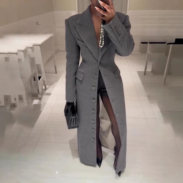 Elegant Single-Breasted Long Coat For Women – Gray Trench Coat With Notched Lapel, Polyester Blend, Slim Fit, Versatile For Work & Evening_ecoleips.com