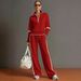 Women's Color Block Sportswear Set Casual European American Style Stand Collar Sweatshirt And Wide Leg Pants Two-Piece Outfit for Summer_ecoleips.com