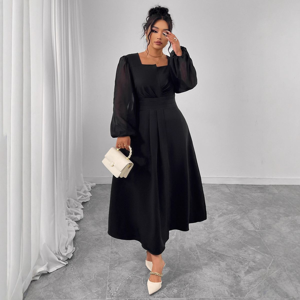 Elegant French-Inspired Maxi Dress – High Waist Pleated Long Sleeve Dress, Flowy & Feminine For Autumn_ecoleips.com