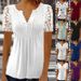 Women's Short Sleeve T-Shirt Lace Trim Pleated Solid Color Printed Button Up Casual Top_ecoleips.com