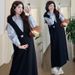 Autumn New Korean Fashion V-Neck Vest Long + Striped Shirt Two-Piece Set Maternity Dress_ecoleips.com